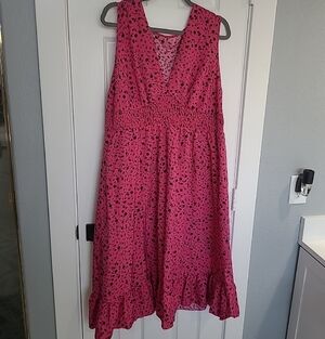 SHEIN Pink Floral Midi Dress with Black Print